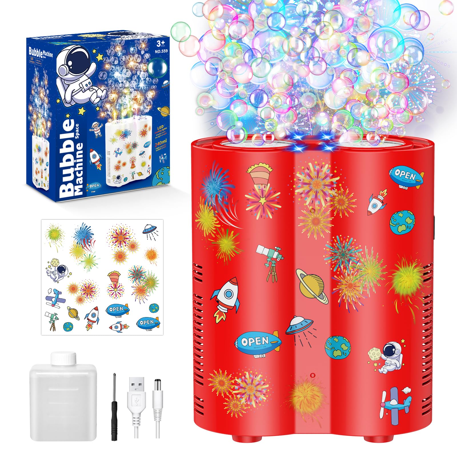 PANACARE Astronaut Soap Bubble Machine Fireworks Bubble Machine for Kids 20000+ Bubble per Min/Lights/Diy Stickers/240ml Solution Automatic Bubble Machine Toy for Kids Summer Outdoor Party Wedding