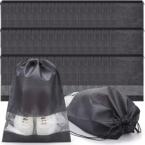 Shappy 50 Pcs Dark Grey Travel Shoe Bags Non Woven Packing Drawstring Sacks Clear Window Large Storage Pouch Organizer for Me