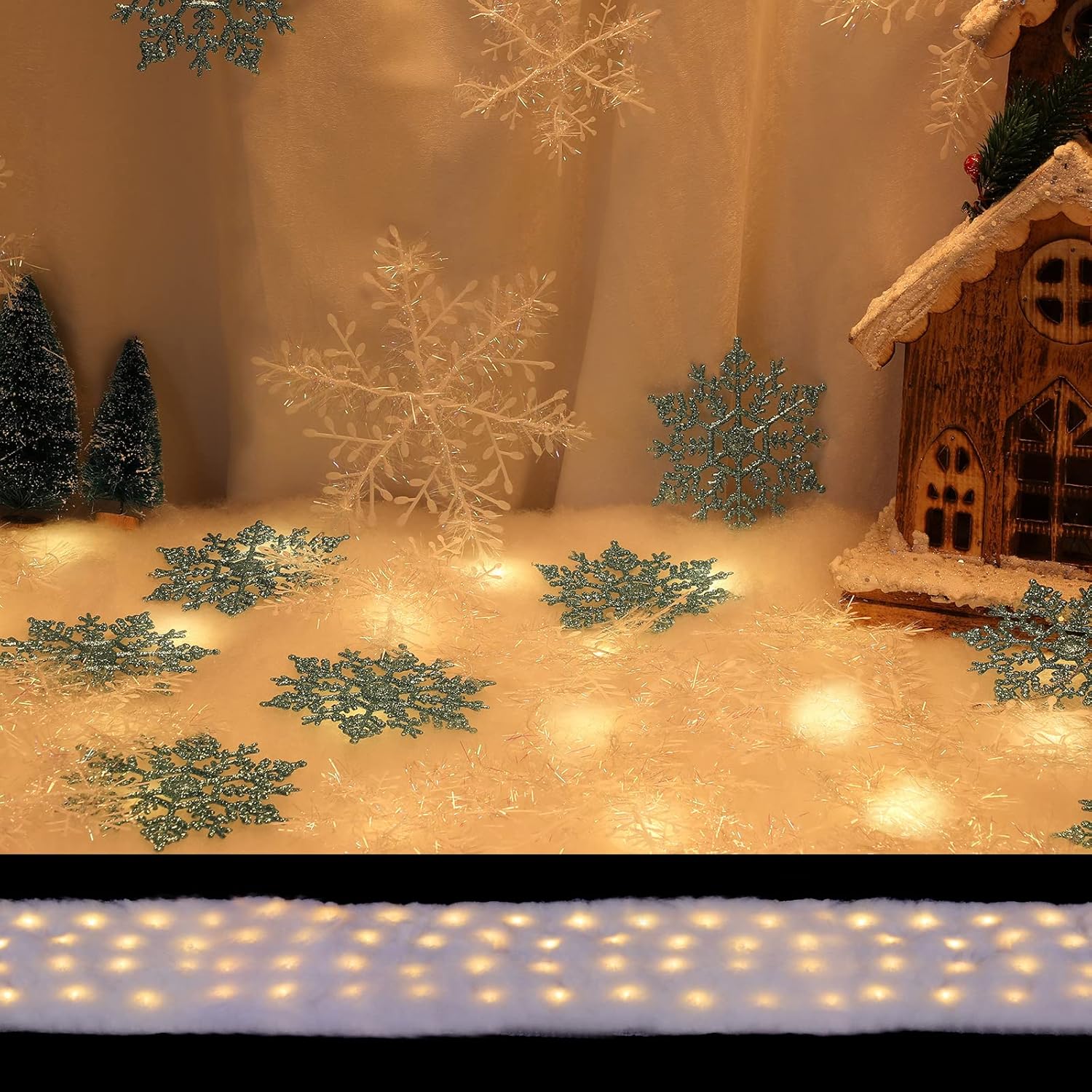 Artificial Snow - Christmas Snow Blanket with LED Lights 94 x 16 Inches Christmas Table Blanket Xmas Lighted Snow Table Runner and 27 Pieces White and Blue Snowflakes Ornaments for Winter Christmas Village Decorations