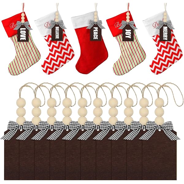 Amazon.com: Christmas Stocking Name Tag Personalized Stocking Wood Tags  Blank Rustic Farmhouse Xmas Stocking Hanging Tag with Wood Beads and  Buffalo Check Bows for Xmas Tree (Brown,15 Pieces) : Home & Kitchen