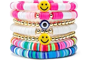 Y1tvei 7Pcs Heishi Surfer Bracelets Set Colorful Preppy Smile Evil Eye Beaded Stretch Bracelets Clay Stackable Boho Disc Y2K Aesthetic Summer Beach Bracelets