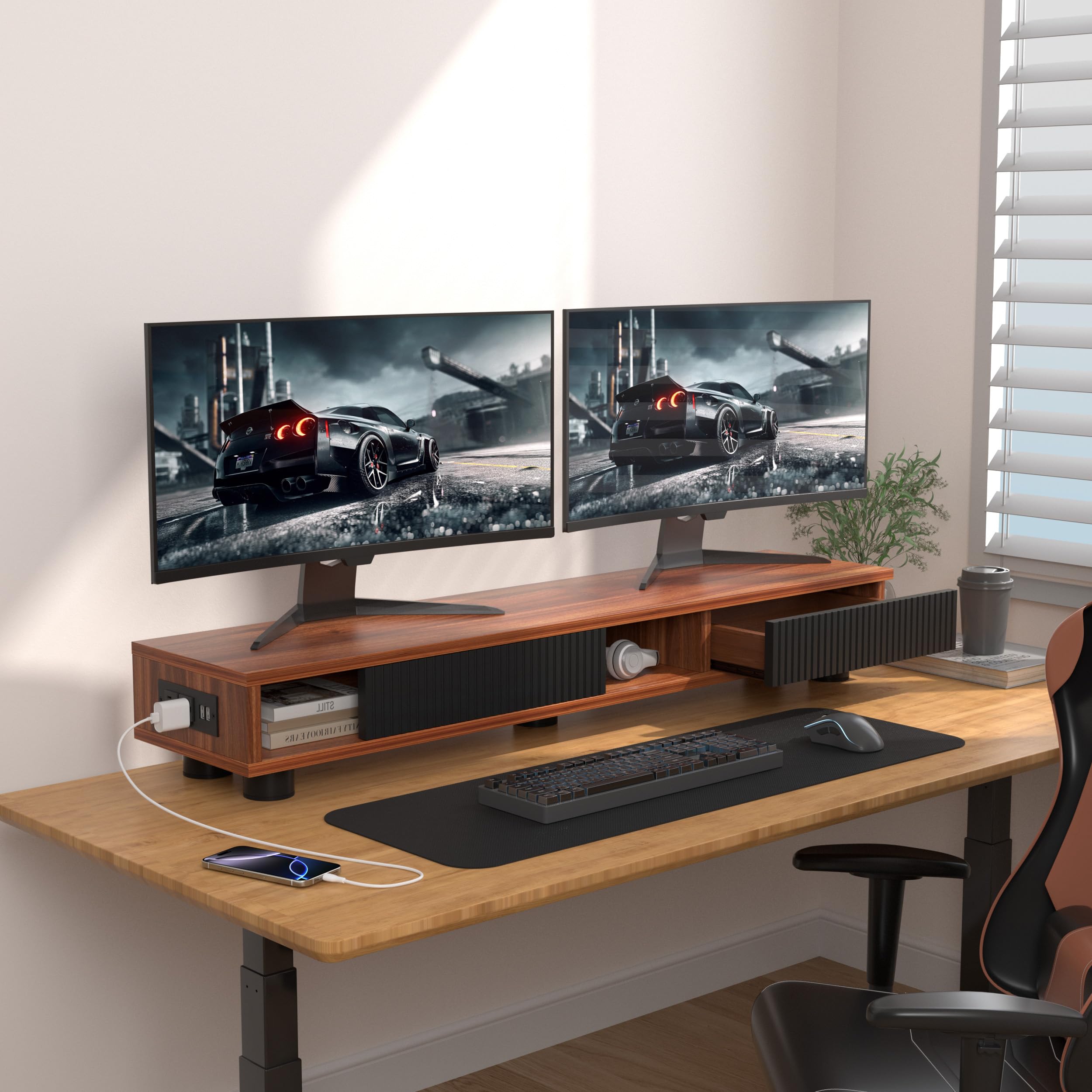 Photo 1 of ***Factory seal****

Artswish Dual Monitor Riser with Power Outlet, 42 Inch Wood Monitor Stand for 2 Monitors with Drawer Storage, Computer Monitor Stand Riser with Adjustable Feet, Double Monitor Stand Desk Shelf, Walnut