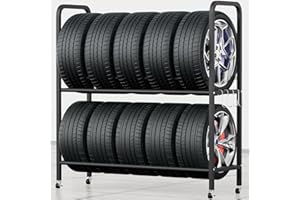 Noliven Tire Racks for Garage with Rollers, 55.1 x 43.3 x 17.7 Inches Movable Metal Garage Storage Shelves with 4 Hooks, 440L
