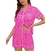 SWOMOG Womens Silk Satin Pajama Sets Short Sleeve Button Down Sleepwear Printed 2 Piece Pj Set Soft Loungewear XS-XXL