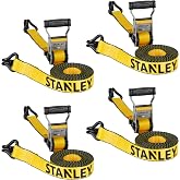 STANLEY 1.5" x 16' x 5,000 lbs Heavy-Duty Ratchet Straps, 4-Pack | 5,000 lbs Break Strength, Weather-Resistant, Padded Ergonomic Grip Handles, Coated Double J-Hooks, For Heavyweight Cargo