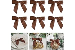 AIMUDI Twist Tie Bows for Treat Bags 3.5" Brown Satin Ribbon Bows for Crafts Premade Bows with Twist Ties for Christmas Cake Pop Candy Apple Small Bows for Gift Wrapping Wedding Decor, 50 PCs