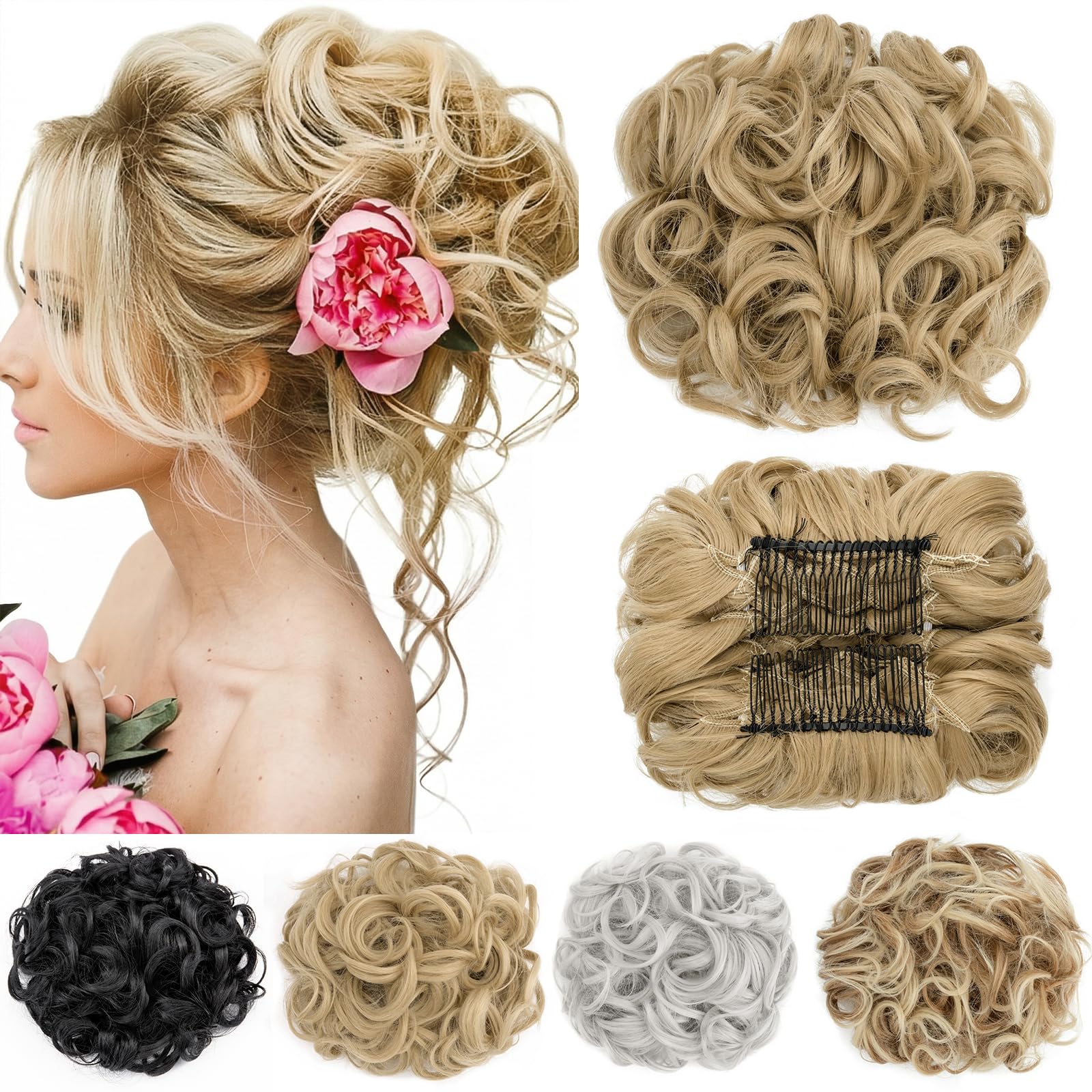 Short Messy Curly Dish Hair Bun Extension Easy Stretch hair Combs Clip in Ponytail Extension Scrunchie Chignon Tray Ponytail Hairpieces Ash Blonde — image 1