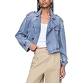 Majdan Women's Cropped Denim Trench Coat Notch Collar Jean Jacket Double Breasted Coats with Pockets