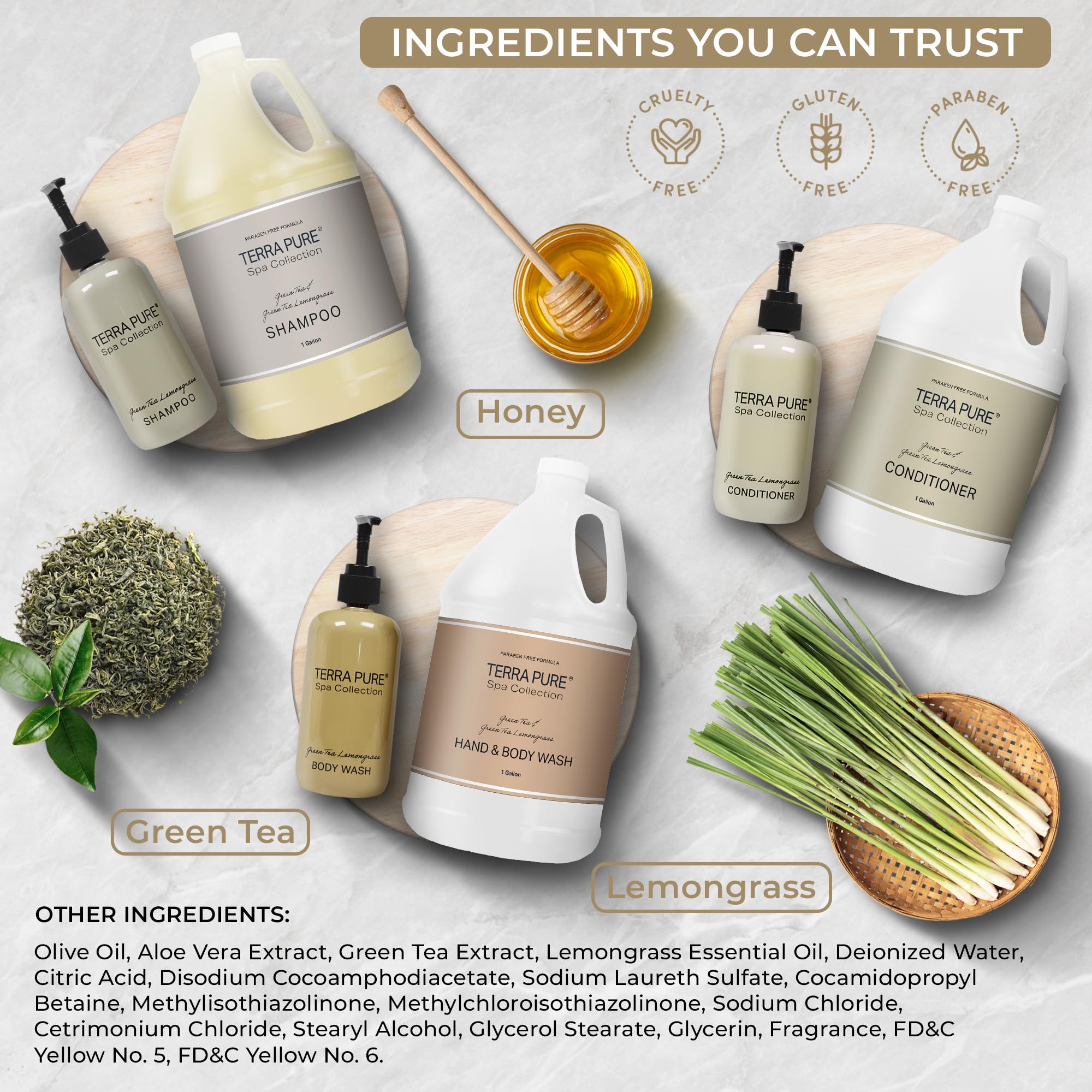 Spa Collection Gallon & Dispenser Set | 1-Shoppe Amenities Kit | Shampoo, Conditioner, Body Wash | Refillable 10.14 oz Pump Bottles