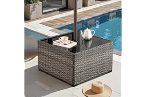 HOOOWOOO Outdoor Patio Side Table with Umbrella Hole,Wicker Coffee End Table Glass Top,Umbrella Table with 1.64" and 2" Hole for Yard,Deck,Porch,Garden(Rectangle Brown)