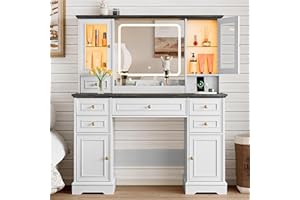 XIXINI Vanity Desk with HD Lighted Mirror & Power Outlet, Farmhouse Makeup Vanity Table Set with Storage Drawers & RGB Cabinets, Large Dressing Table with 3 Lighting Modes for Women Girls Kids Bedroom, White