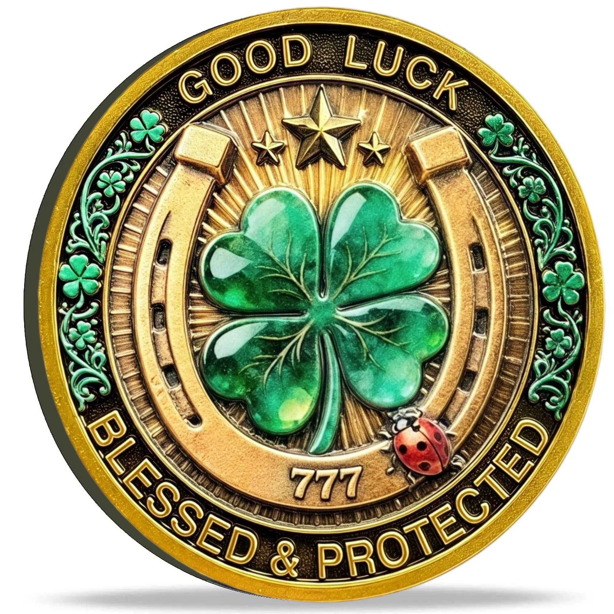 Good Luck Challenge Coin - 3D Four Leaf Clover & Elephant Wealth Token Gift | Ideal pocket carry charm, 777 Horseshoe Lucky C