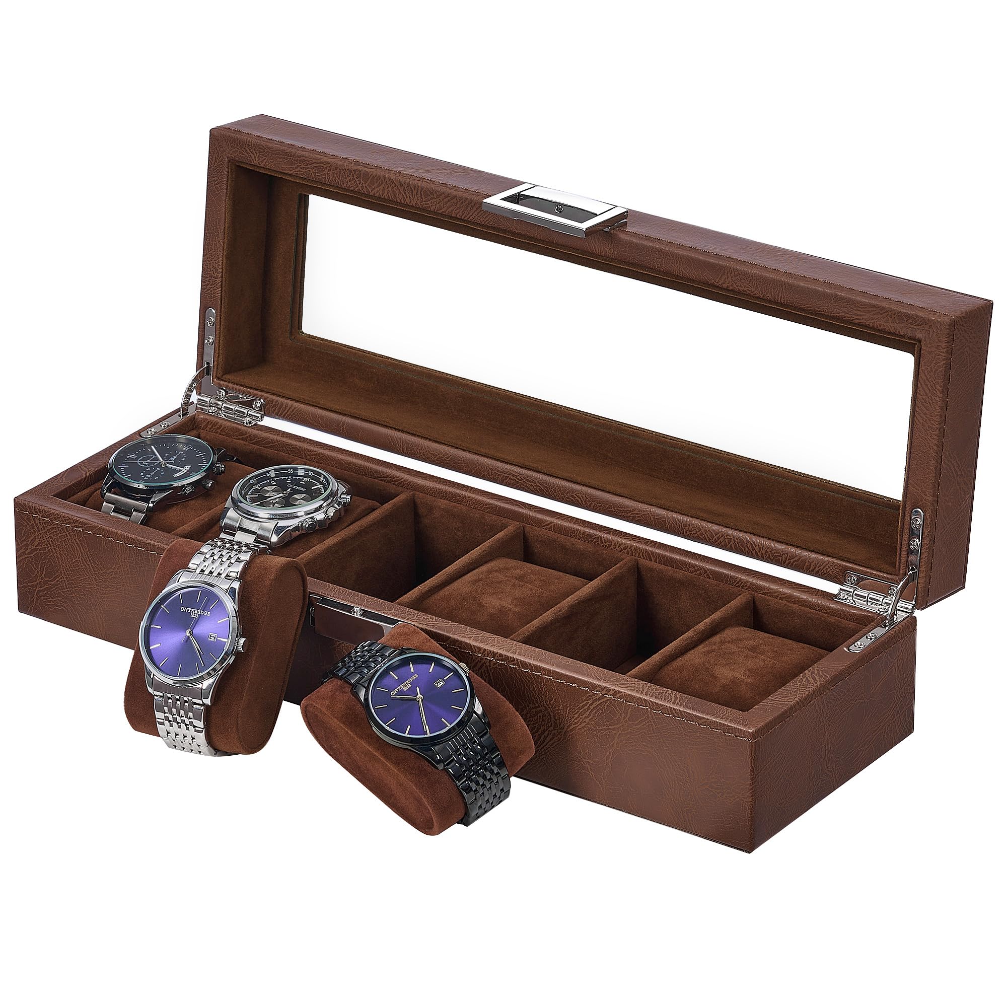 BEWISHOME Watch Box, 6 Slot Watch Cases for Men Watch Holder, Leather Watch Display Case with Large Glass Lid, Watch Storage with Soft Pillow, Brown SSH13Z