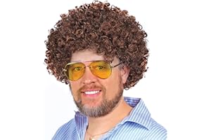 PRIME PARTY Bob Ross Brown Costume Afro Wig, Synthetic Curly Hair Wig, Art Teacher Costume with 70s Retro, Funny, Dress Up, Party, Roleplay, Cosplay, Unisex, and Halloween Pop Culture Joy of Painting Theme