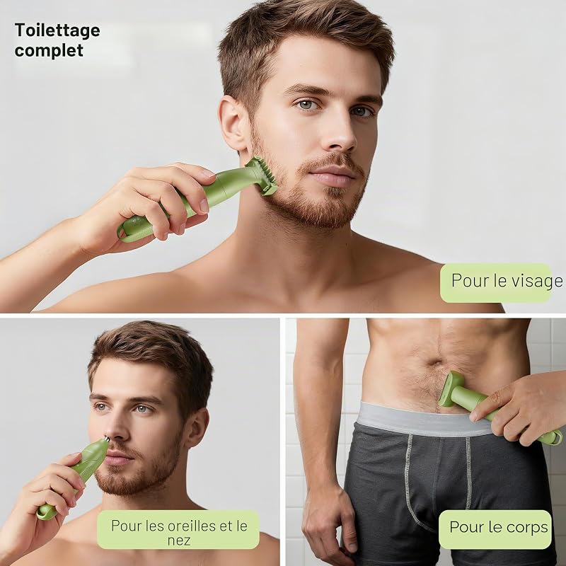 Tondeuse de précision 3-en-1 pour homme, kit de soins pour barbe et cheveux, tondeuse corps, tondeuse nez et oreilles, rasoir sans fil rechargeable avec chargement USB (Vert)