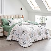 Joyreap 6 Piece Bed in a Bag Twin, Green Leaves Printed on White Botanical Design, Microfiber Comforter Set for All Season (1 Comforter, 2 Pillow Shams, 1 Flat Sheet, 1 Fitted Sheet, 1 Pillowcase)