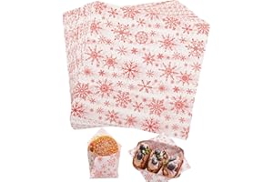 KIKISML 100 PCS Deli Paper Sheets 7x7 Inch, Christmas Decoration Food-Grade Greaseproof Paper Food Basket Liners for Sandwiches, Burgers, Fries Wrapping Paper Sheets, Red Christmas Snowflakes