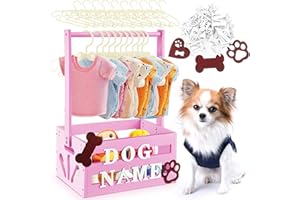 Teenyyou 20" x 13" x 9" Wooden Dog Closet Pet Wardrobe Crate Box with Hanging Rods and Personalized Alphabet Letters Easy Assembly Baskets for Dog Cat Toys Clothes Accessories(Pink)