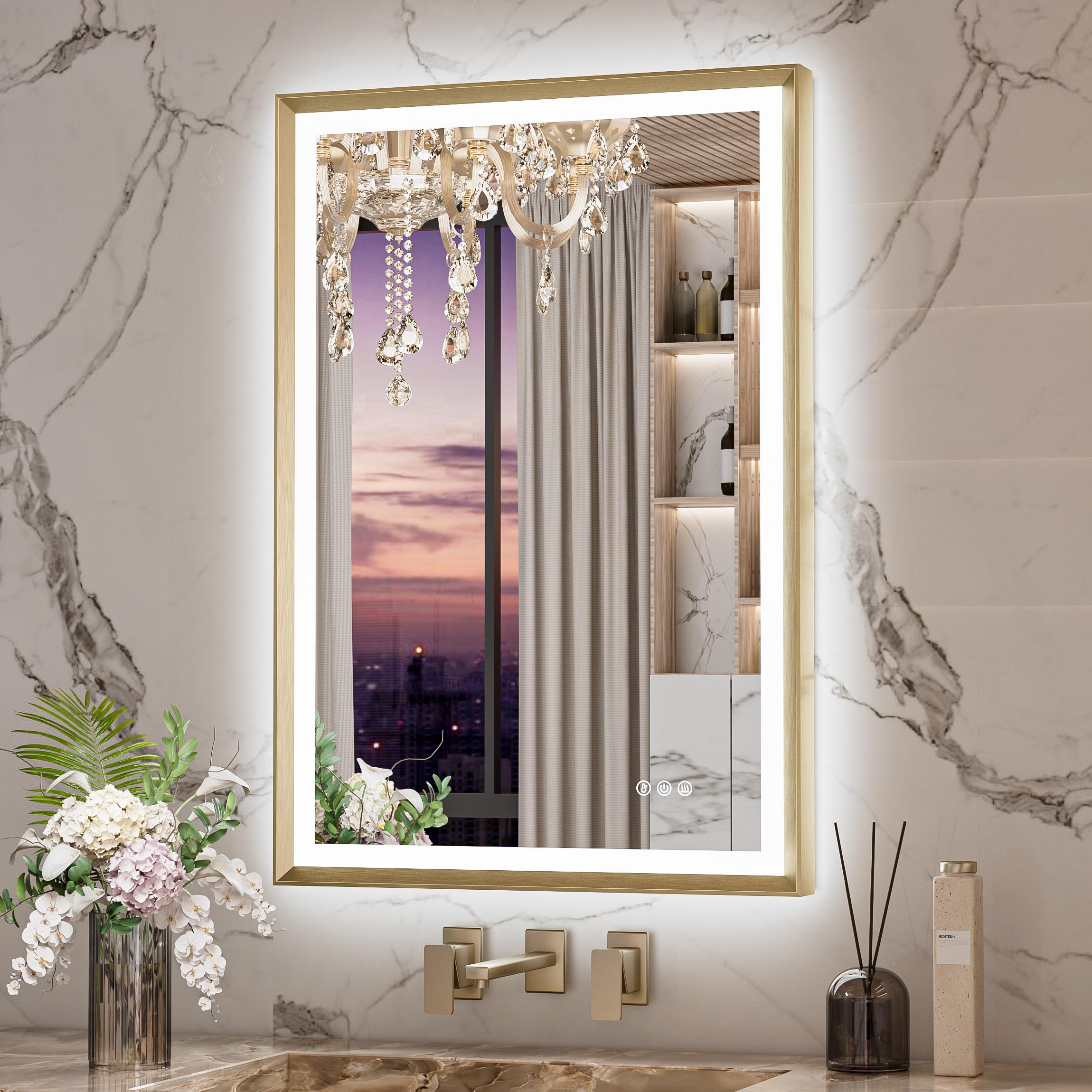 Photo 1 of **used****Keonjinn Gold LED Bathroom Mirror Inch with Frontlit & Backlit, Lighted Mirrors Metal Framed for Wall, Steples Lights, Anti Fog, Tempered Glass, Brighter and No Dark Corner