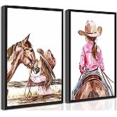 2Pcs Nursery Western Cowgirl Canvas Wall Art Cowgirl and Horse Friendship Nursery Aesthetic Pictures Wall Decor Stylish Southern Girl Poster Print Artwork For baby girl bedroom nursery room Unframed