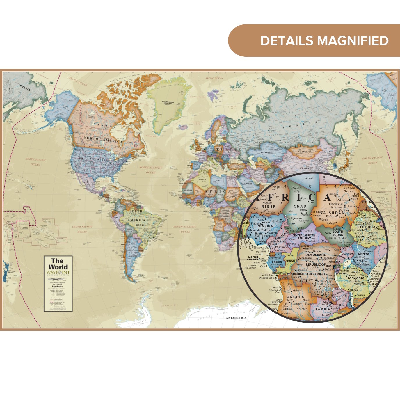 Waypoint Geographic Classic Ocean WORLD Wall Map (24" x 36") - Current UP-TO-DATE - 1000's of Named Locations & Points of Interest - ROLLED & LAMINATED - Display in Office, Classroom or Home