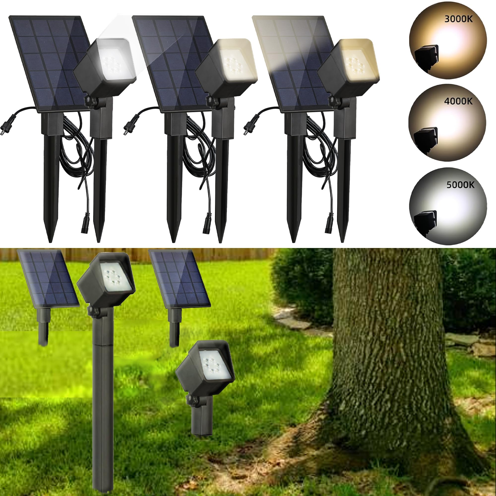 Photo 1 of Solar Spot Light Landscape Lighting - 3 Pack of Outdoor Landscaping Light, 500 Lumen Garden or Accent Lighting for House or Trees, Dual Beam Angle, and 3 Light Colors,10ft Cable and Remote Solar Panel