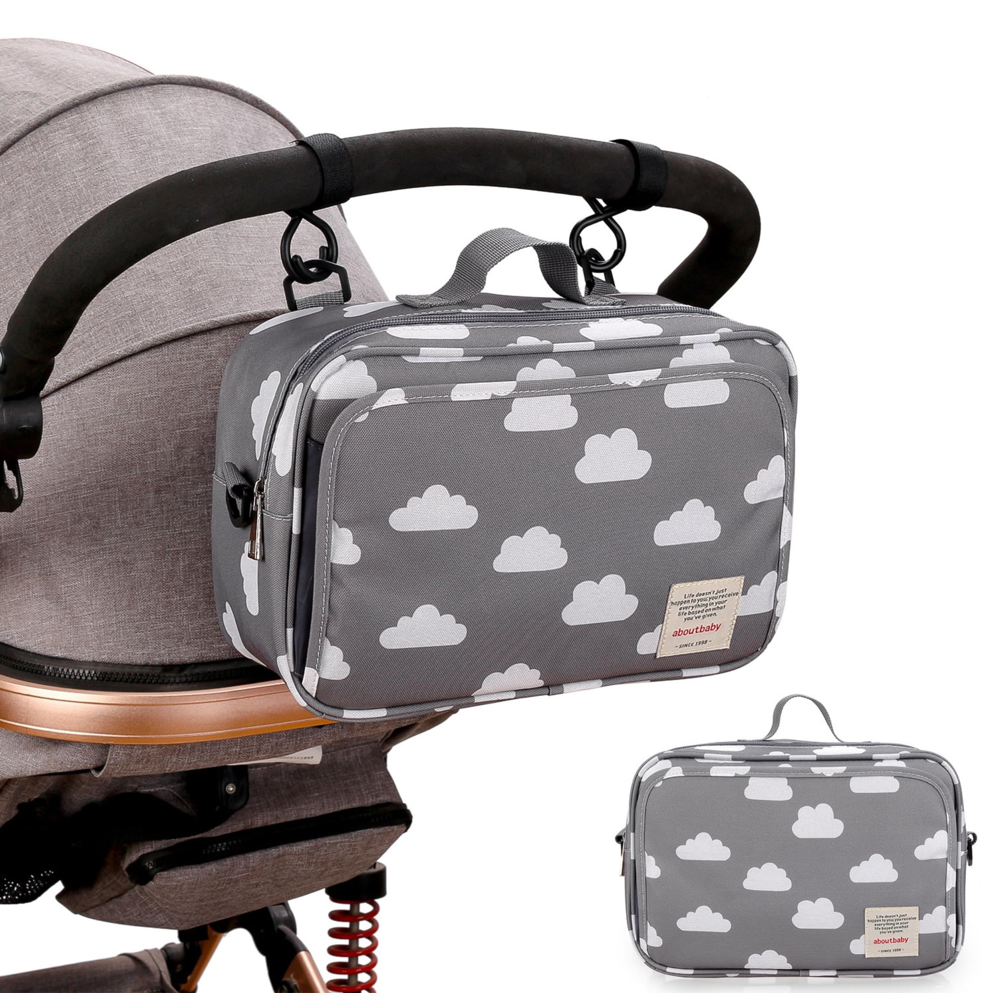 Mandarinmelon Baby Trolley Bag with Maternity Bag Function, Organiser for Pram and Baby Stroller, Clouds, 27x17x10cm