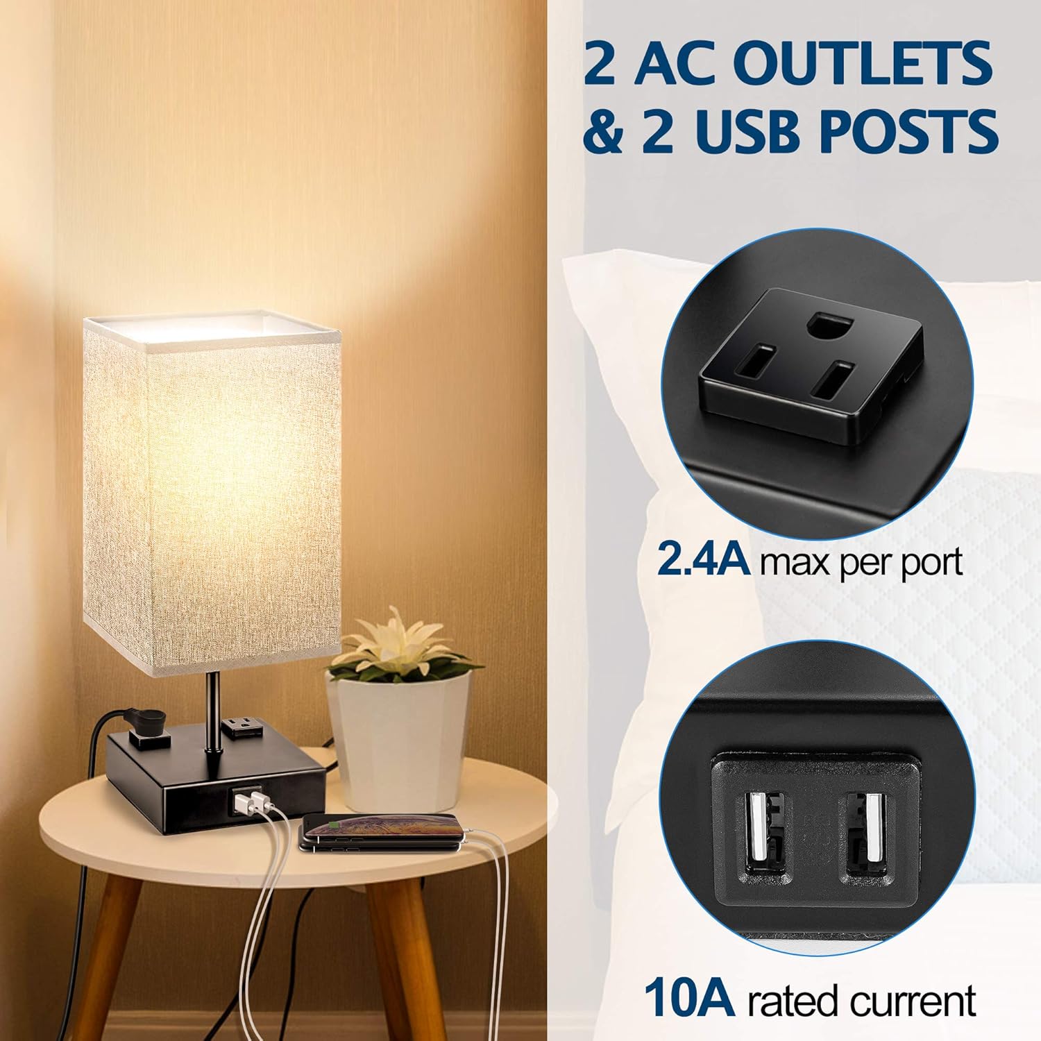 UL Approval Touch Control Table Lamp with USB and AC Outlet, SUPERDANNY 3-Way Dimmable Bedside Nightstand Lamp Modern Light, Desk Reading Lamp for Bedroom, Living Room, Gray, Set of 2…: Home Improvement