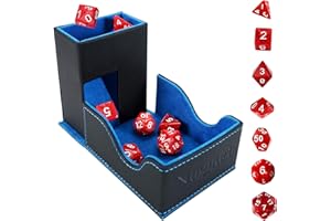 Nugnurt Dice Tower & DND Dice Tray, Foldable Portable Dice Rolling Tower with Tray and Storage, DND Dice Accessory for Dungeons and Dragons, PU Leather Dice Box with 7 Dice, Black/Blue
