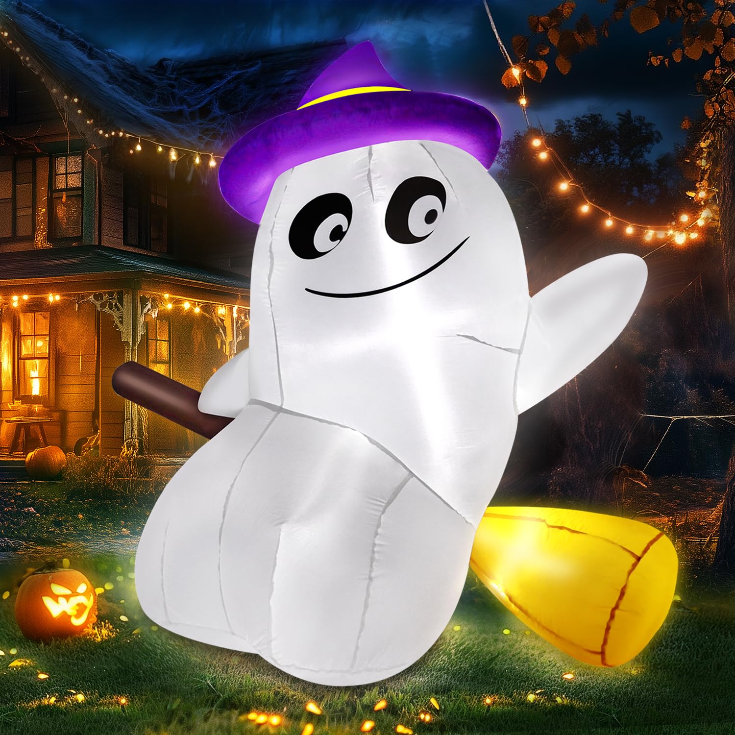 Photo 1 of 5FT Halloween Inflatables Ghost Outdoor Decorations Cute Ghost Sitting on Broom with Built-in LEDs, Blow Up Yard Decorations for Halloween Outdoor Yard Garden Lawn Party Decor