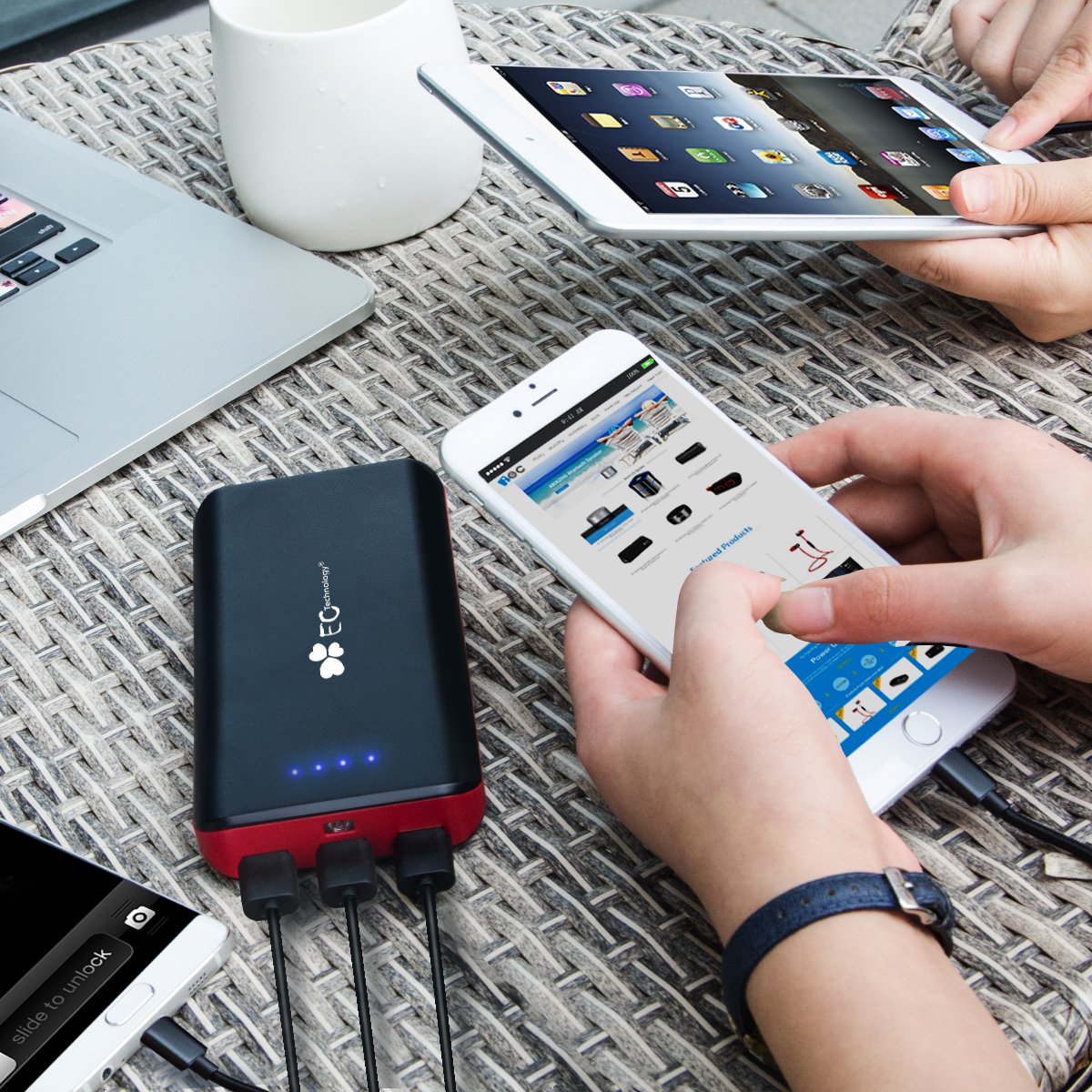 EC Technology 26800mAh Power Bank Ultra High Capacity External Battery 3 USB Output and Dual Input External Battery Pack With AUTO IC Portable Charger for iPhone, iPad, Samsung, Nexus, HTC and More - Black & Red
