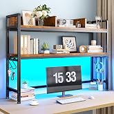 REIBII 2-Tier Desk Shelf, LED, Bedroom and Home Office, Rustic Brown | Students &amp; Renters, Wood &amp; Steel, Holds 44 lbs &amp; 33 lbs per Tier, Adjustable Shelf, Anti-tip &amp; 4 Hooks, 45.2&rdquo;
