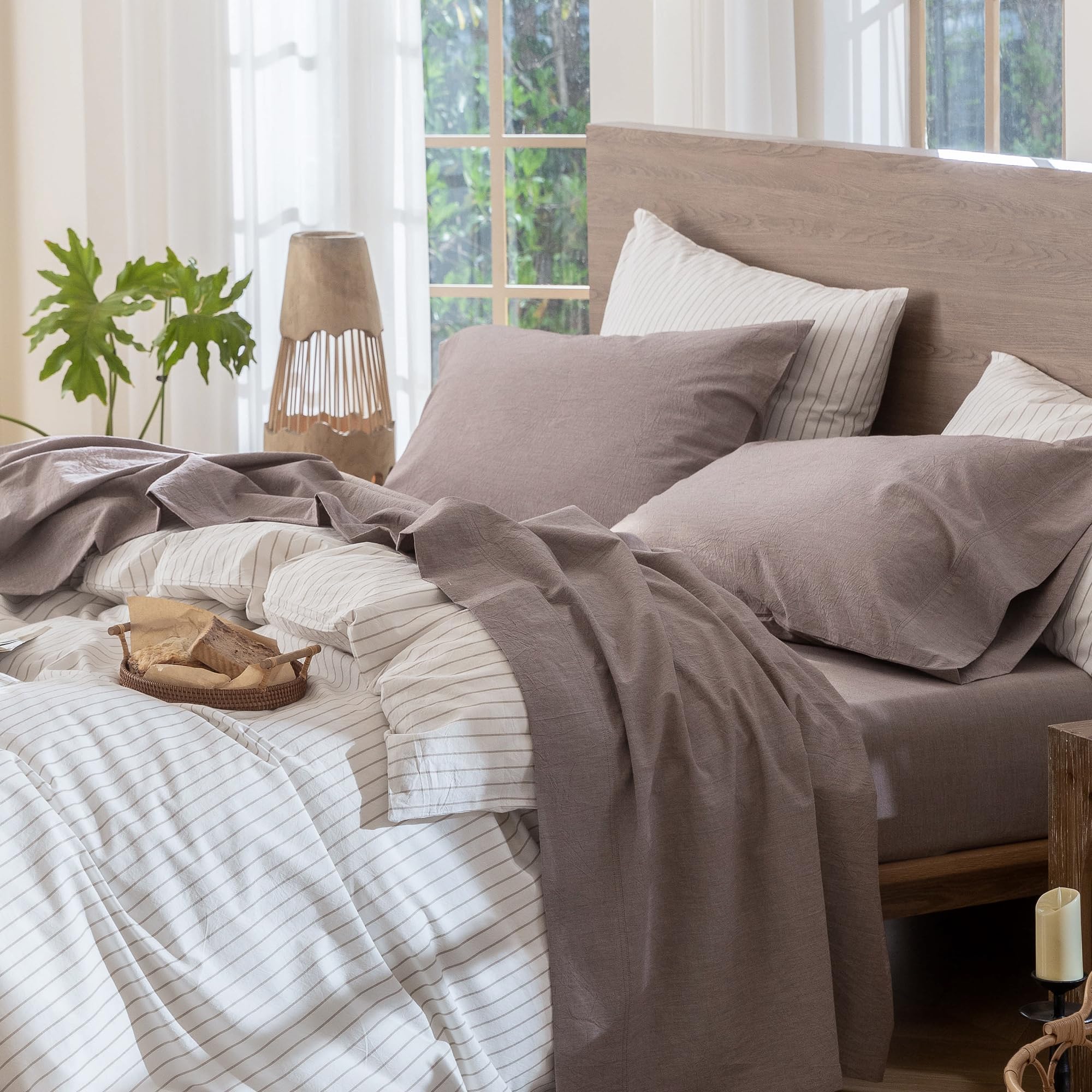 Photo 1 of MooMee Bedding Sheet Set 100% Washed Cotton Linen Like Textured Breathable Durable Soft Comfy (Heathered Mauve Brown, Split King)