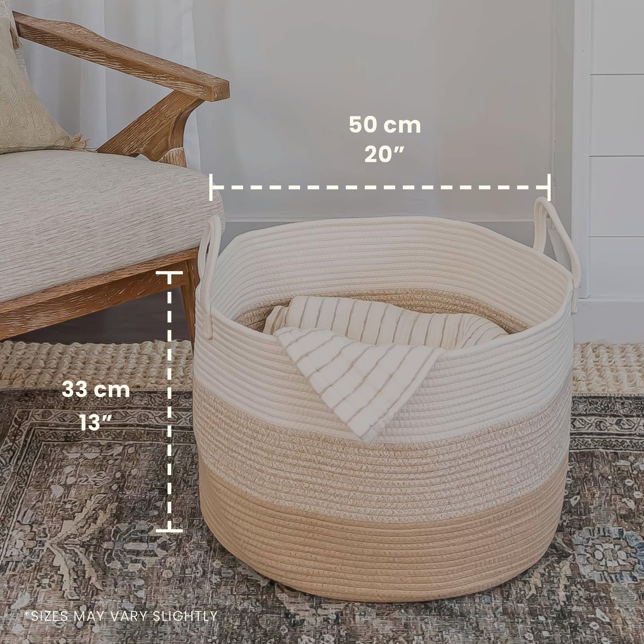 OrganiHaus Extra Large Blanket Basket for Living Room 20x13, Natural Cotton Rope Laundry Basket, Sturdy Hamper for Toy Storage, Cushions & Pillows Storage Bin, Nursery Decor Hamper - Honey