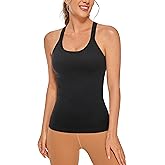 CRZ YOGA Womens Seamless Ribbed Racerback Tank Tops with Built in Bra - Padded Scoop Neck Slimming Athletic Long Camisole