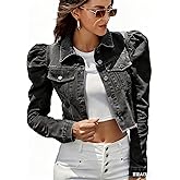Nihsatin Women's Puff Sleeve Denim Jacket Pockets Front Button Down Crop Jean Coat