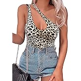 SAUNGKUAI Women's Sexy One Shoulder Sleeveless Cutout Thong Bodysuit Tank Top Body Suits V Backless Tummy Control Shapewear
