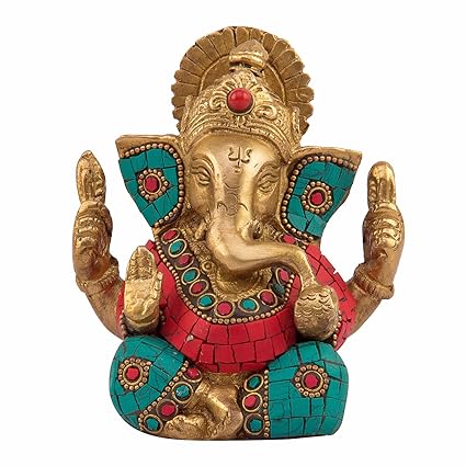 Kartique Brass Ganesh Bhagwan Idol Ganesha Statue Ganpati Murti for Home Entrance Decor Diwali Gift Decorate with Multicolored Stone Height 4.5 Inche