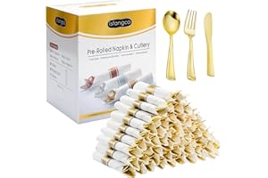 ISFANGCO 50 Pack Pre Rolled Gold Plastic Silverware Set with Napkins,Disposable Wrapped Heavy Duty Cutlery Set for Wedding Birthday Party-50 Forks,Knives,Spoons,Napkins,Utensils Set,Plasticware Bulk