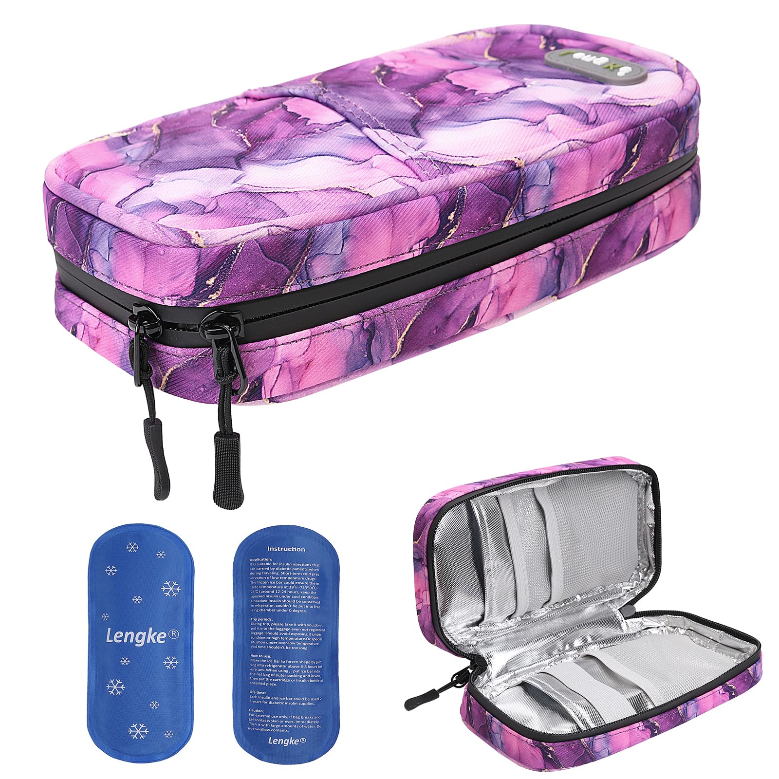 JAKAGO Waterproof Insulin Cooler Travel Case,Lightweight and Super Strong Insulation Insulin Pen Case, Medical Cooler Bag for Insulin Pens & Medication with 2 Large Ice Pack（Marble Purple）