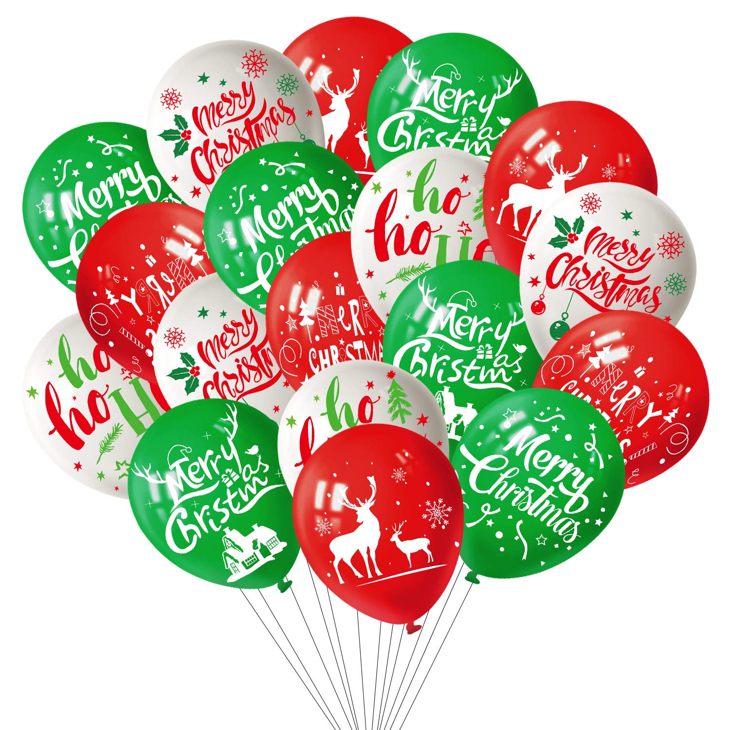 FEPITO 100Pcs Christmas Party Balloon 12 Inch White, Red and Green Latex Balloons, 6 Merry Xmas Style for Christmas Decoration Party Supplies