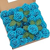 DuHouse 25Pcs Artificial Roses Flowers Fake Roses with Stems Real Touch Foam Flowers for DIY Wedding Bouquet Party Centerpiece Floral Arrangement Party Home Decor(Middle Blue)