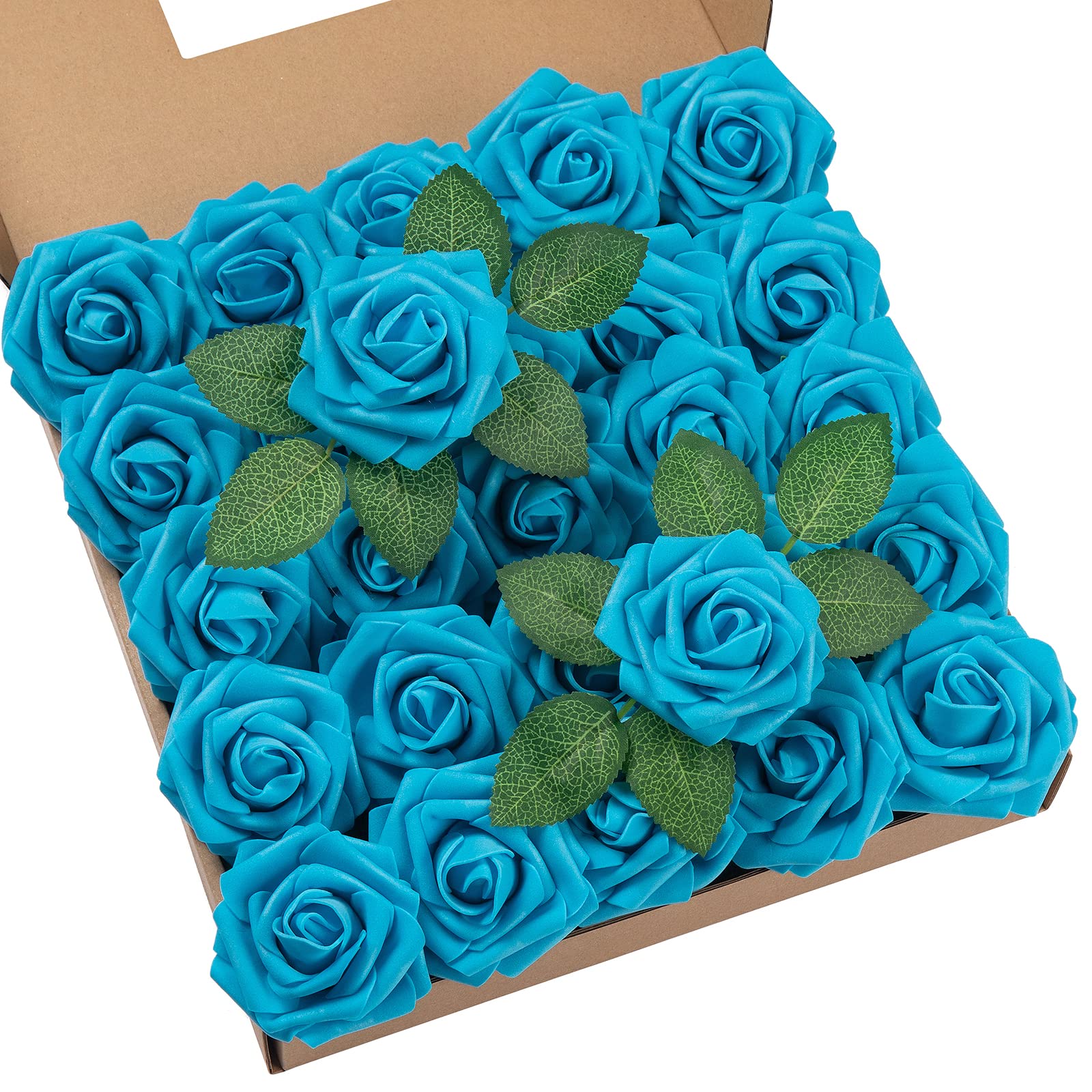 DuHouse 25Pcs Artificial Roses Flowers Fake Rose with Stems Real Touch Foam Flower Head for DIY Wedding Bridal Bouquet Baby Shower Centerpiece Floral Arrangement Party Home Decor(Middle Blue)