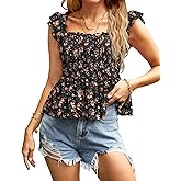 Clarisbelle Women's Summer Smocked Peplum Square Neck Ruffle Sleeveless Tank Top Shirt