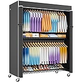 ULIFHOME P8C Max Heavy Duty Clothes Rack（With Extended Width Design） Rolling Clothing Racks for Hanging Clothes with Lockable Wheels，51.2"W x 15.8"D x 80.5"H，Load 800LBS，Black Rack with Black Cover