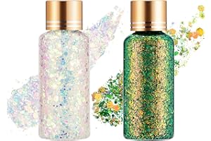 KIMIEYE Holographic Body Glitter Gel for Face, Body, Nail, Super Long Lasting Waterproof Quick Dry Liquid Chunky Glitter Eyeshadow for Rave Festival Party Makeup Accessories, 1oz (White & Green)