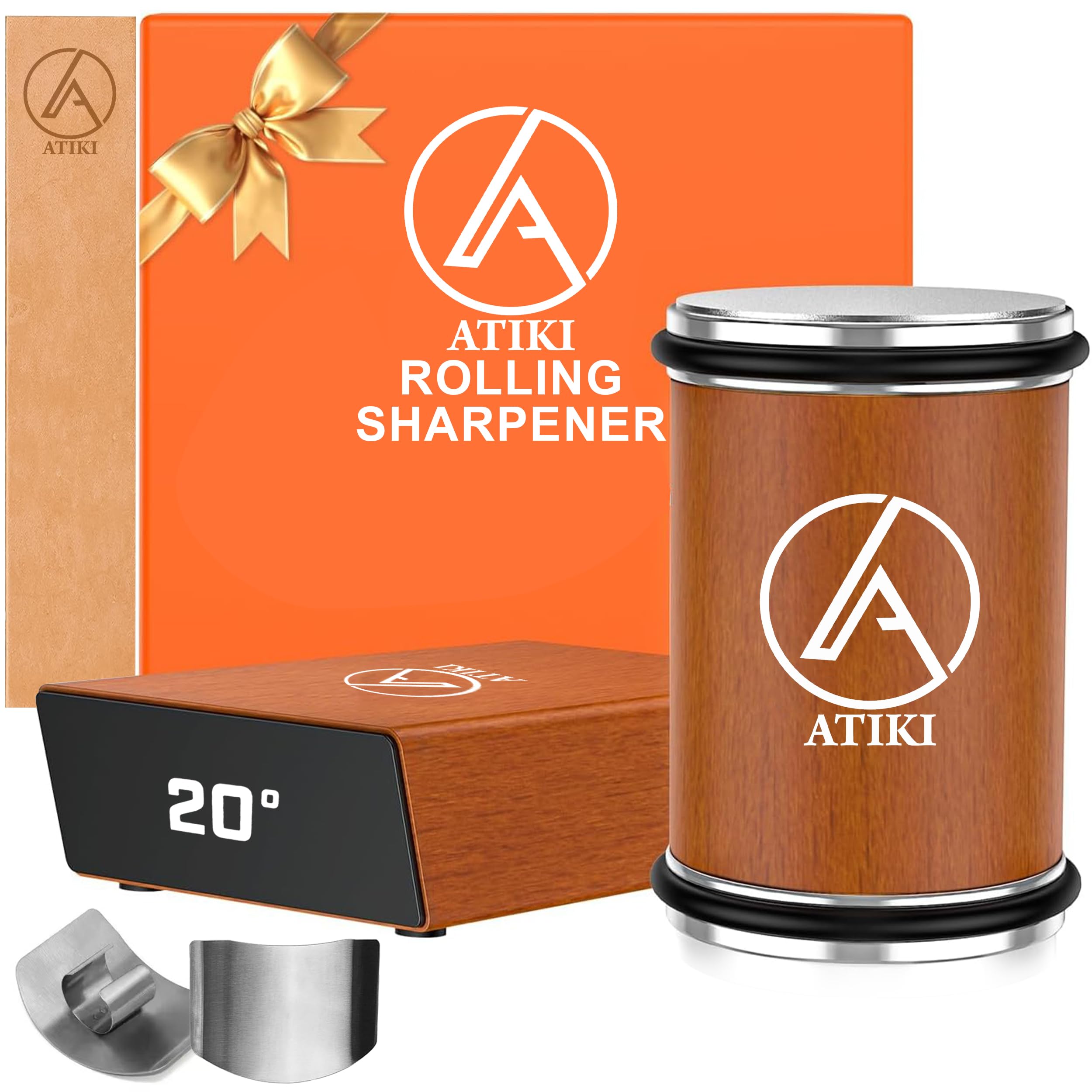 Photo 1 of ATIKI Rolling Knife Sharpener with Finger Guard, Diamond & Ceramic Discs, 15°/20° Magnetic Angles & Leather Strop, Professional Knife Sharpening Kit for Dull Knives