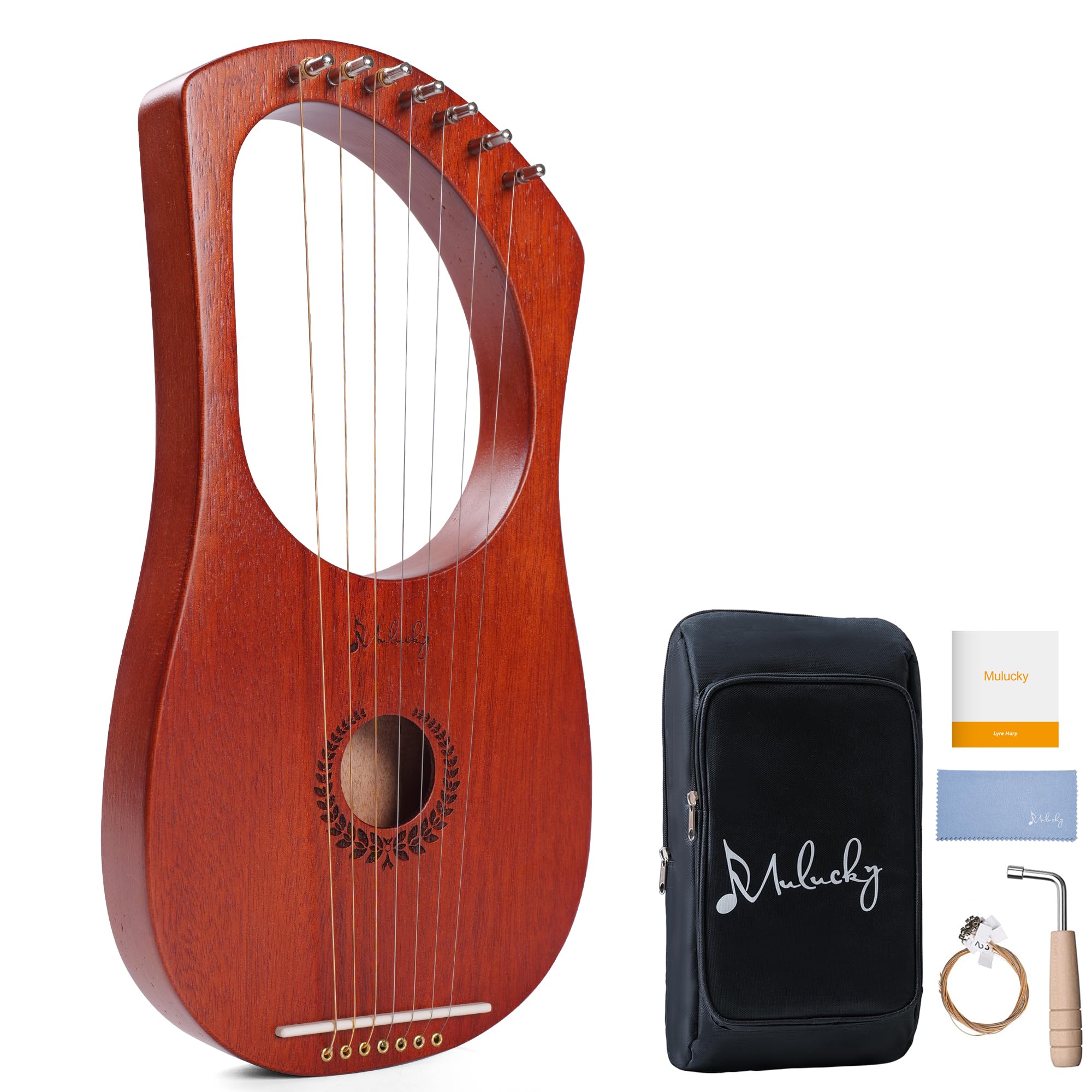Mulucky Lyre Harp 7 Metal Steel String Bone Saddle Mahogany Lyre Instrument with Tuning Wrench and Black Gig Bag - MLH701