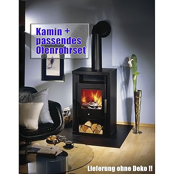 Wamsler Kaminofen Jupiter 6,0 kW mit passendem, hochwertigem 3-tlg. Ofenrohrset (BAUPROFI) Schwarz/Black