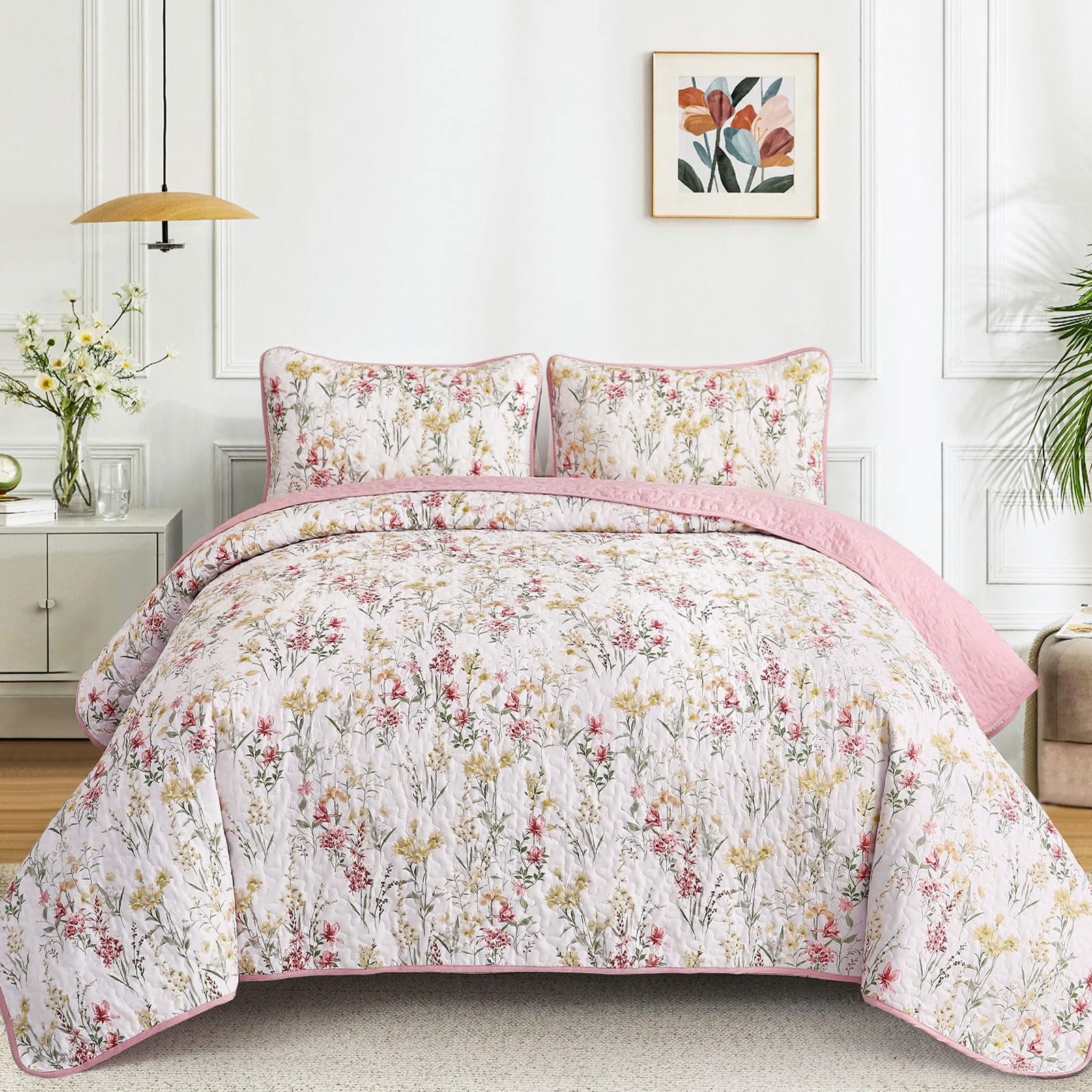 Anibedding King Size Quilt Set, Pink Floral Pattern Quilt Bedding Set King, 3 Pieces Botanical Quilt Soft Microfiber Bed Coverlet for All Season(104" x 90") Image